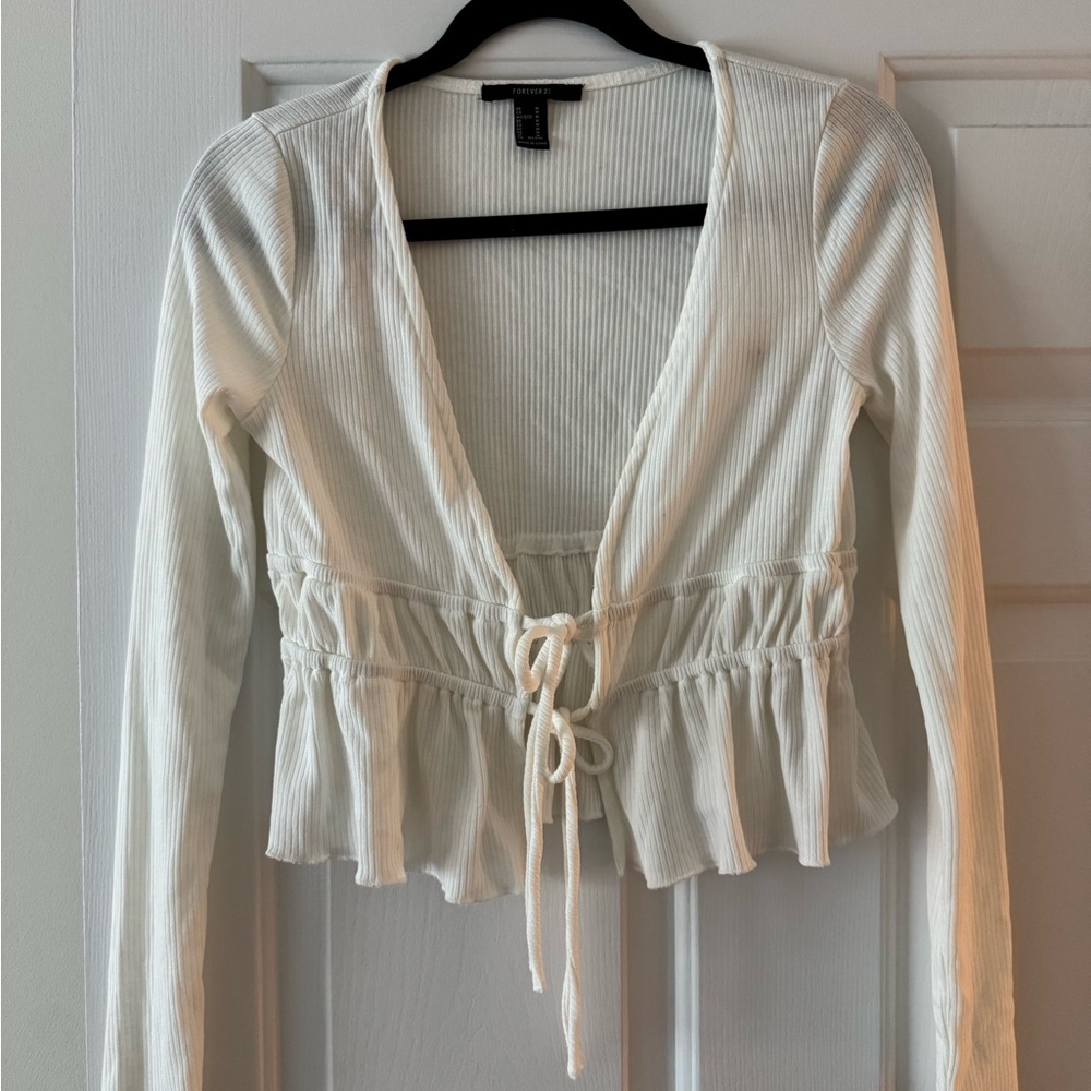 Forever 21 Cream Long Sleeve Tie Front Peplum Blouse